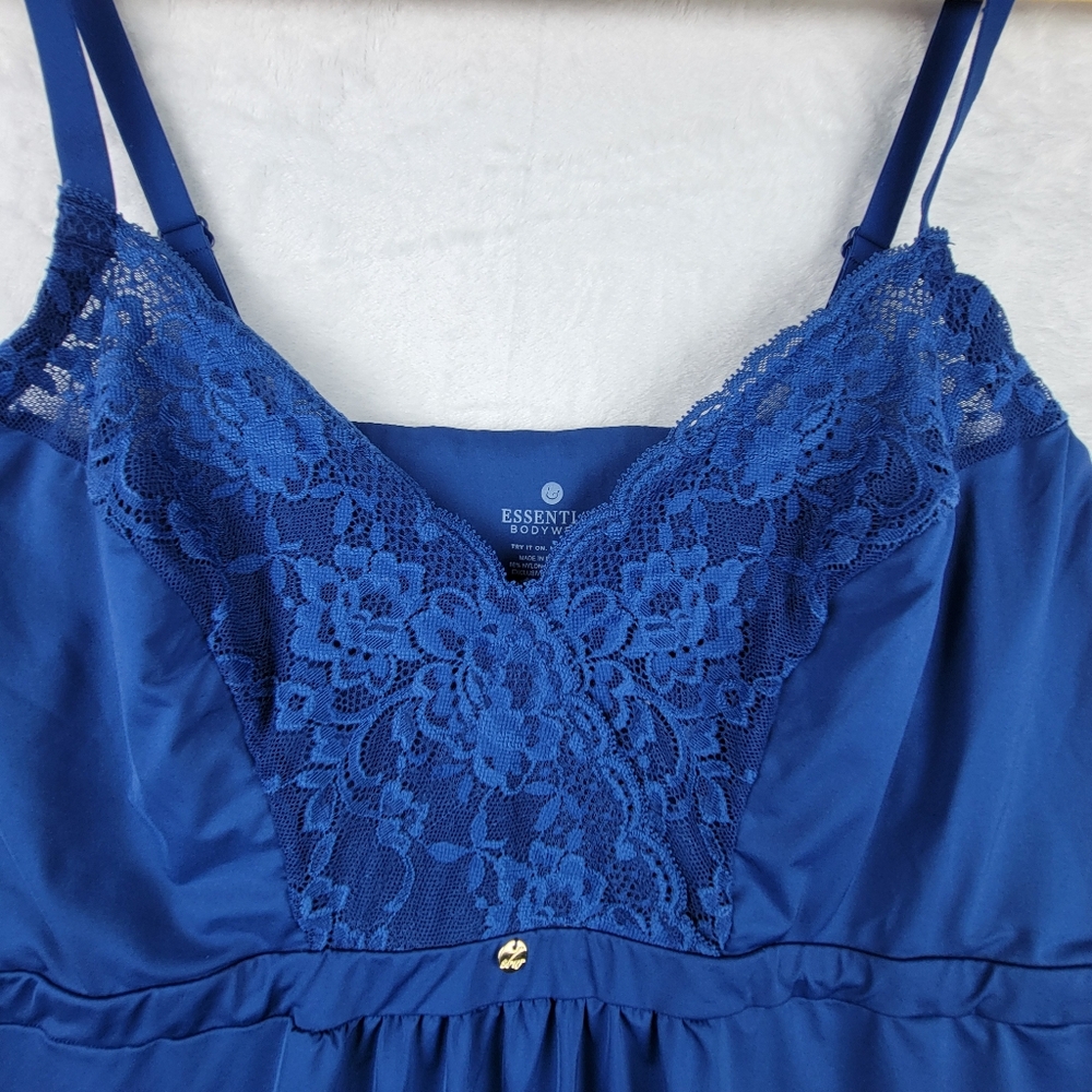 Essentials Bodywear Bodycon Slip Dress Sz 2X Blue Satin Lace Adjustable Strap - Picture 3 of 10
